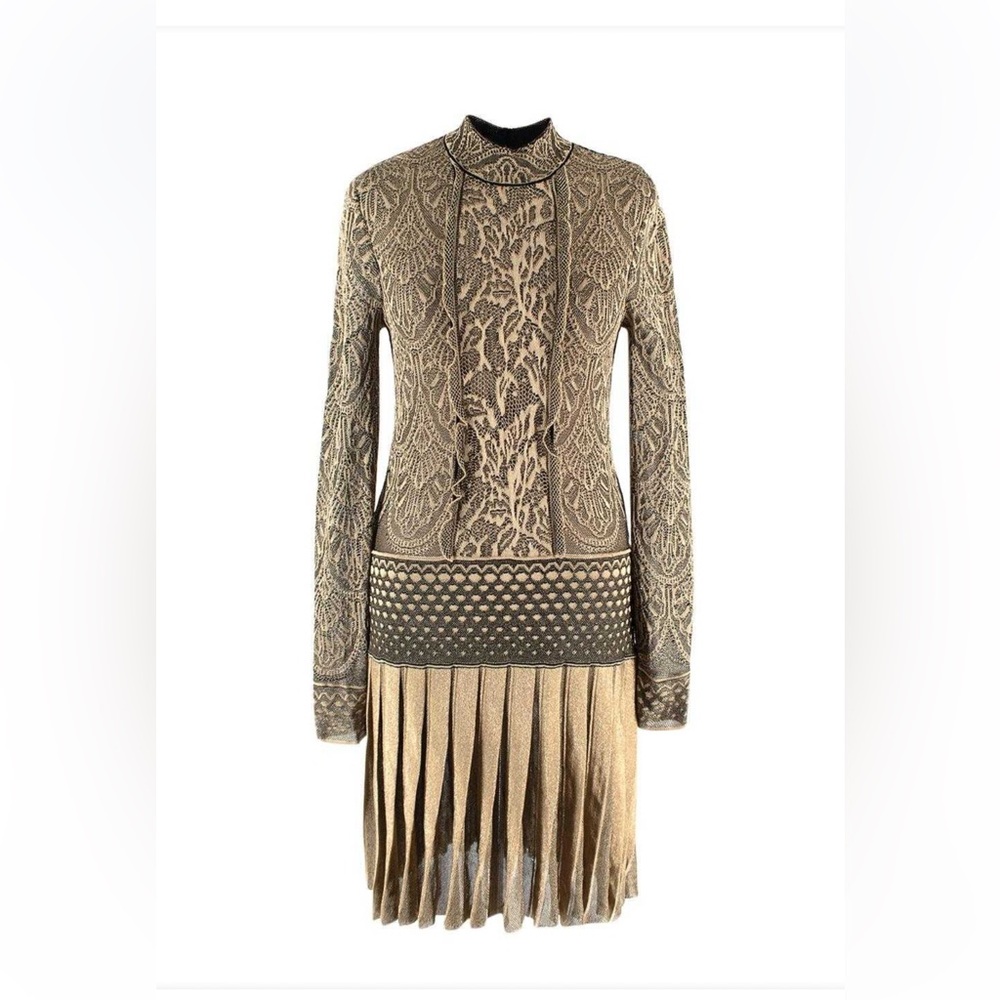 Roberto Cavalli Gold Brocade Pleated Mini Dress